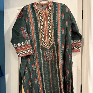 Dark Green Printed Kurta (Long) with Red & Teal Details (Gently Worn)